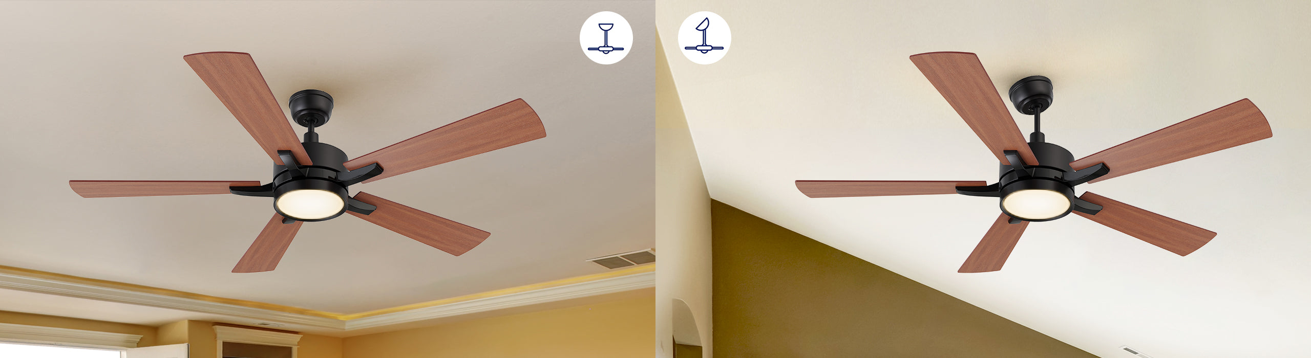 Dual-mount fan can be installed on flat or angled ceiling