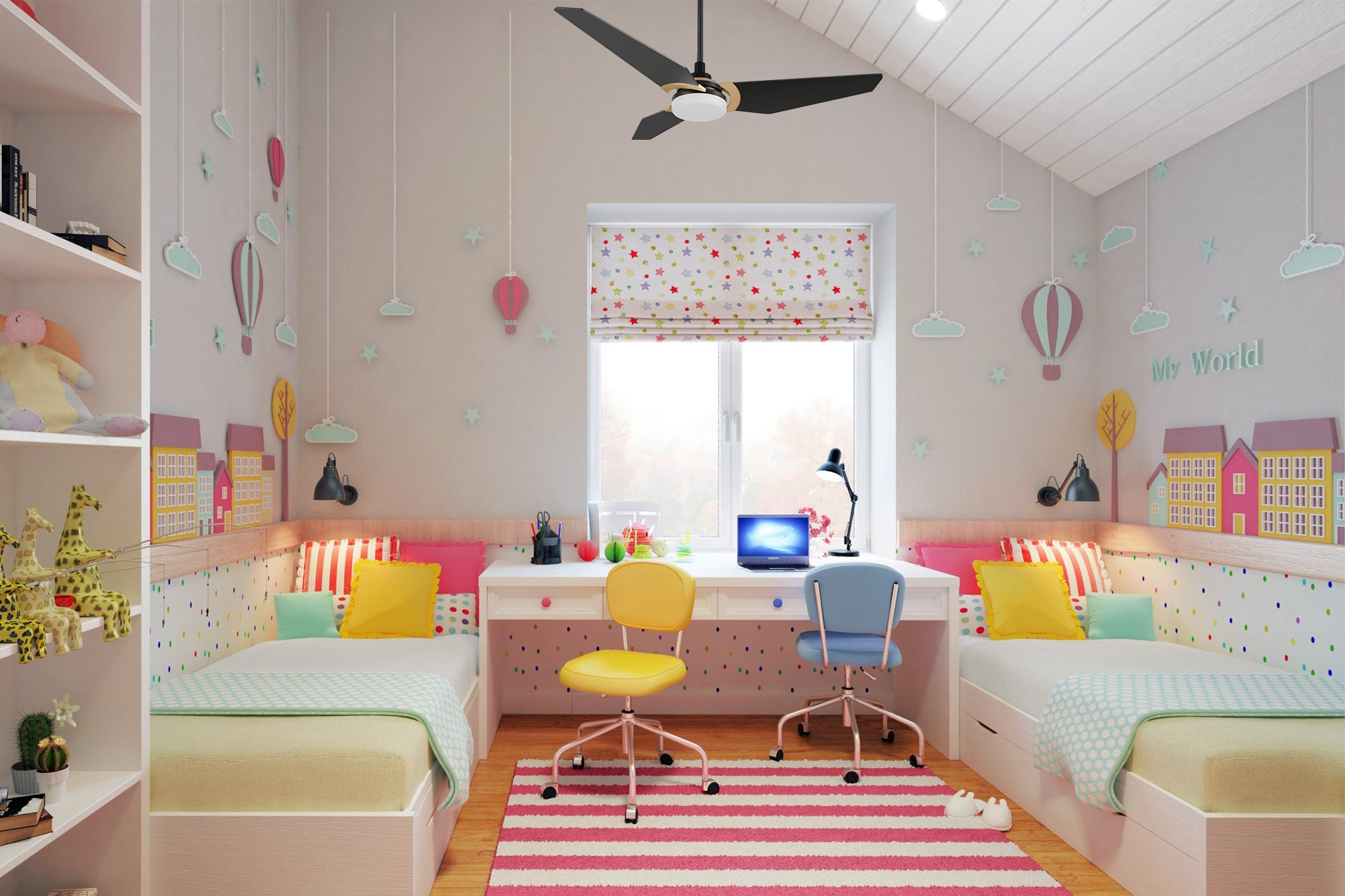 Black downrod mounting ceiling fan with light designed in kid's room