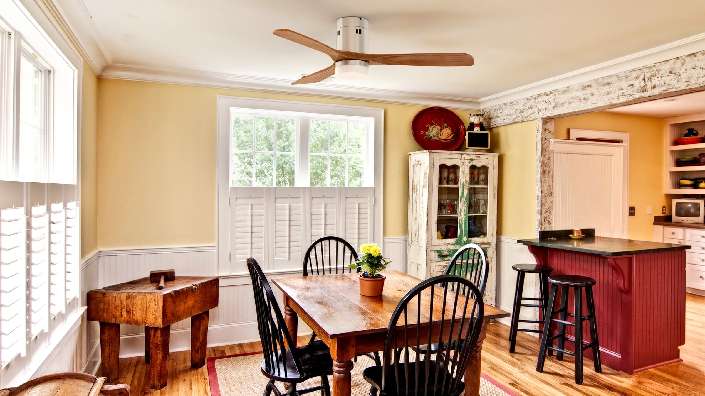 Rustic style ceiling fan with wood tone blades and low-profile design