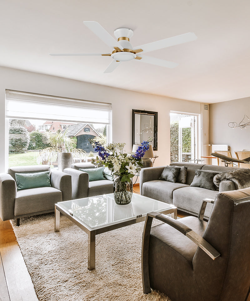 Smart flush mounting ceiling fan in white with 5 blades and smart in modern living room.