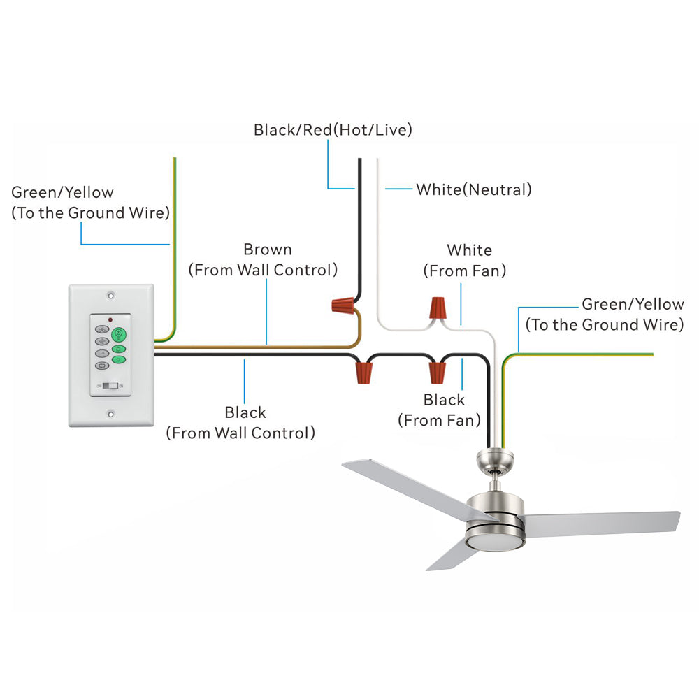 Illustration of a wiring diagram for ceiling fan with light, showing the connection of wires from the wall switch control and ceiling fan. The image shows the connection of various wires: Black/Red (Hot/Live), White (Neutral), Green/Yellow (Ground), and Black/Brown wires from the wall control and ceiling fan. It includes 52 inch brushed nickel ceiling fan with 3 silver blades, a wall control switch with multiple buttons, and detailed wiring instructions for proper installation.