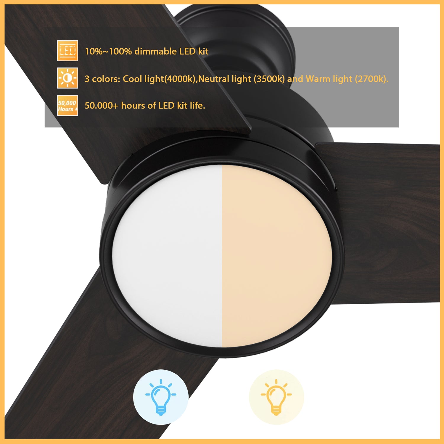 52 inch black ceiling fan, featuring with 3-color (from 2700K warm light to 4000K cool light) and 50.000+ hours of ceiling fan LED kit life.