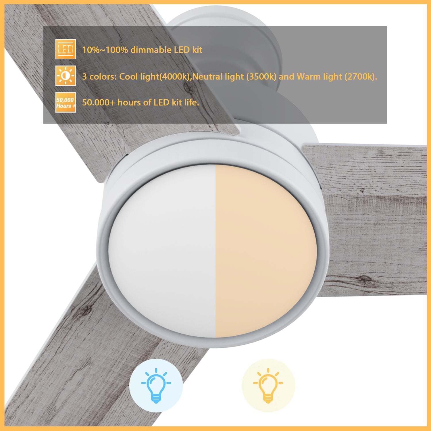 52 inch white downrod ceiling fan is equiped with dimmable 2116-lumen LED light, featuring with 3-color (from 2700K warm light to 4000K cool light) and 50.000+ hours of ceiling fan LED kit life.