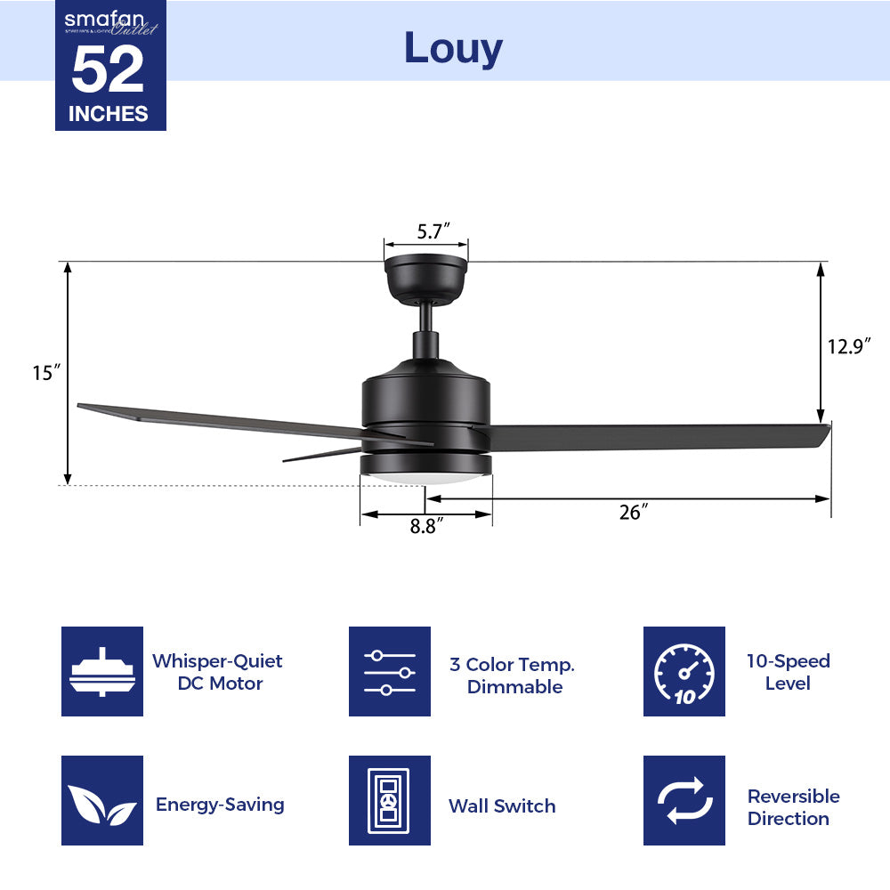 The outer dimension image of 52 inchs black ceiling fan with LED light and wall switch control.
