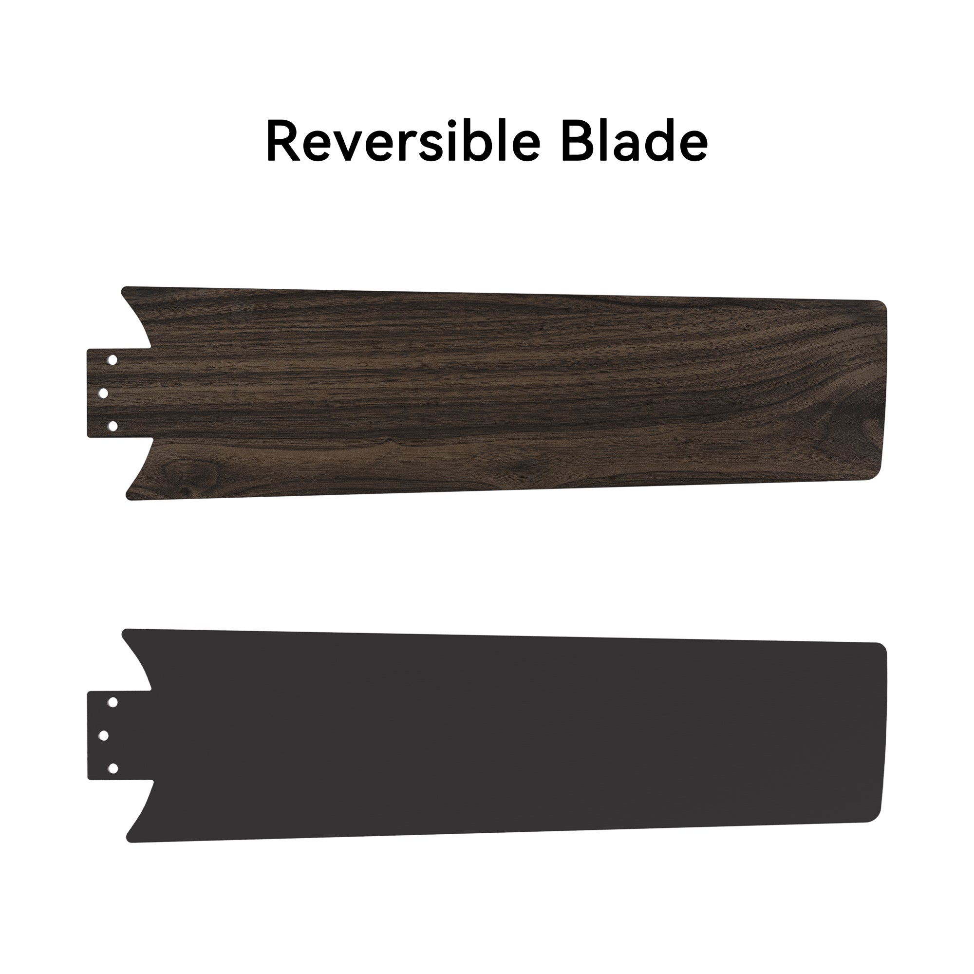 Black downrod ceiling fan with 2 reversible plywood blades, such as black and dark wood pattern.