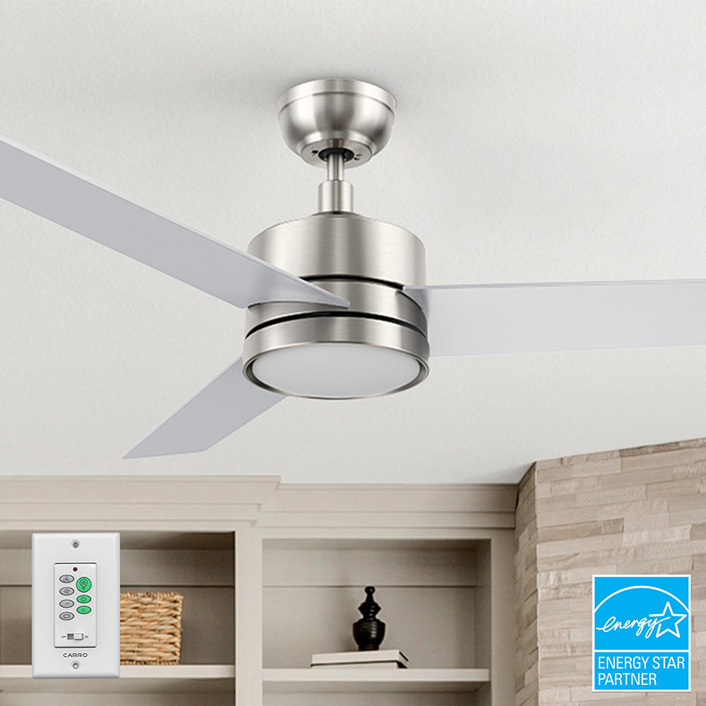 52 inch Louy modern brushed nickel ceiling fan with LED lights, Energy Star Certified and wall switch control.