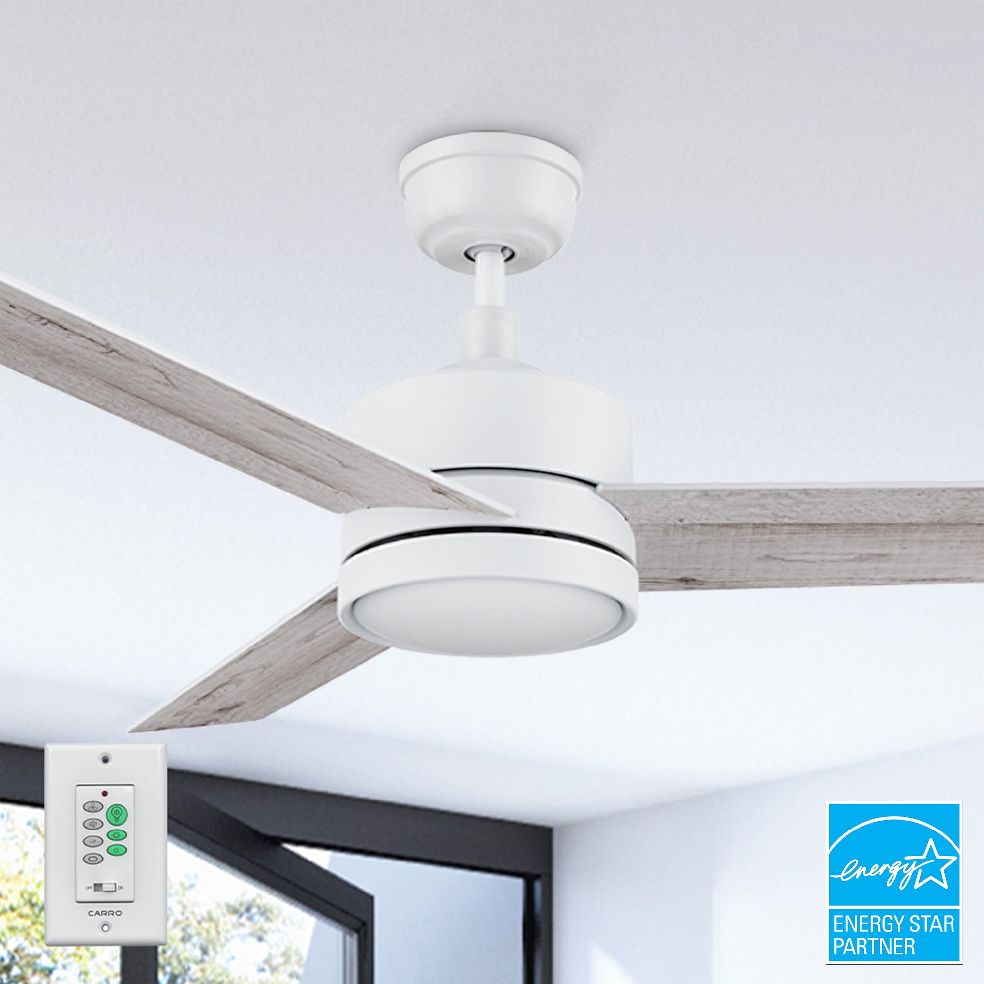 52 inch white modern downrod ceiling fan with dimmable 4000K LED light and wall switch control.