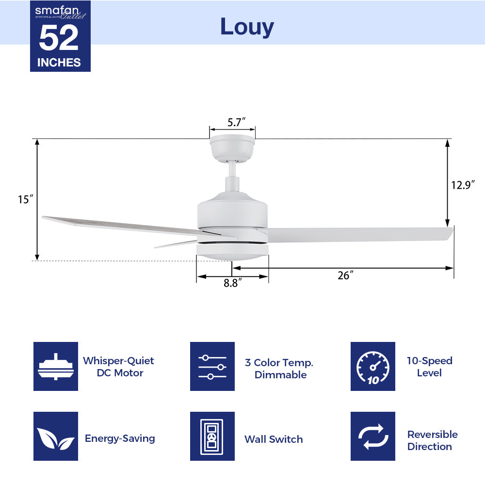 Dimensions and key features of the 52-inch modern ceiling fan, showcasing size and functional details including wall switch, easy installation, 10-speed DC motor,durable LED light kit, dimmable LED light kit, energy efficient.