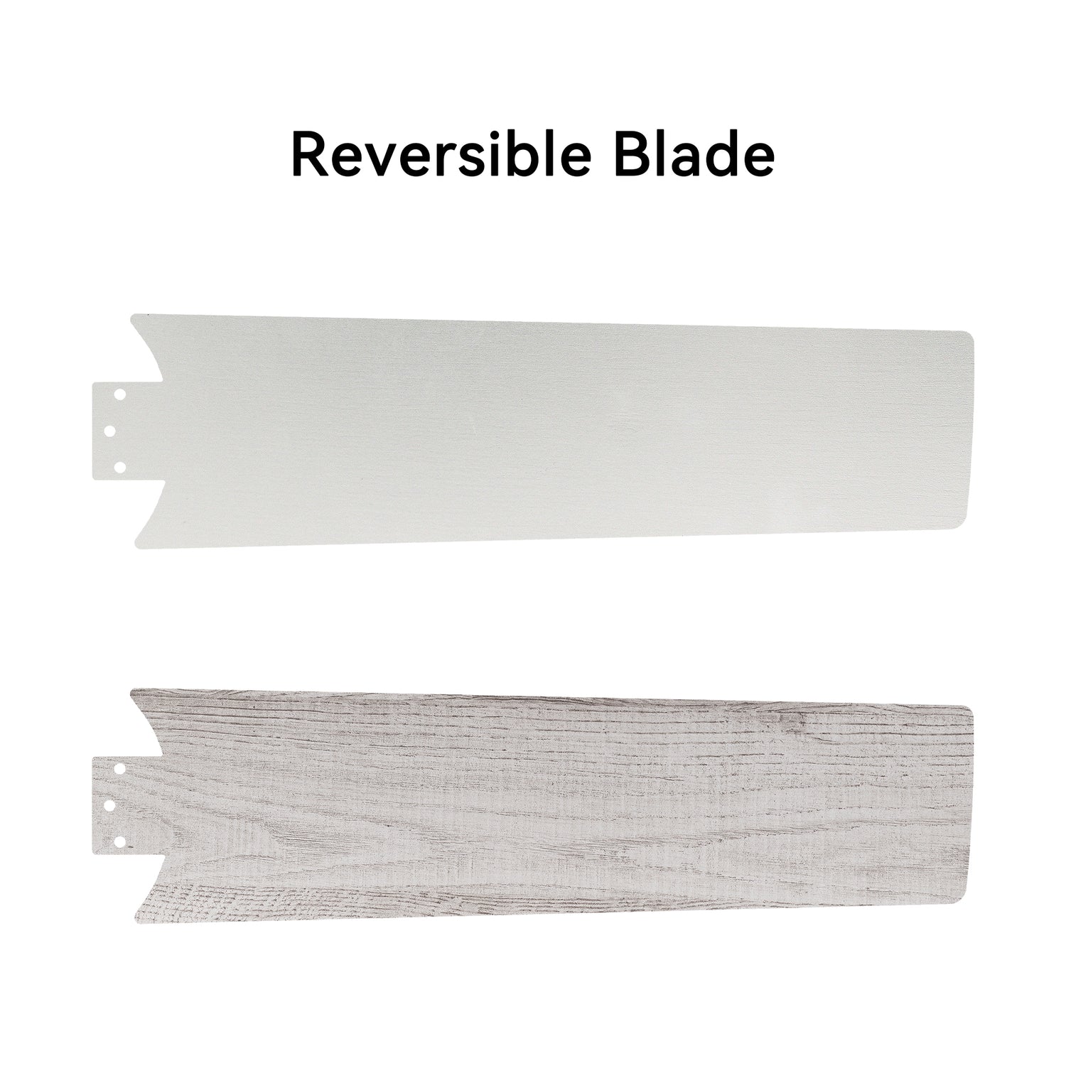 White modern ceiling fan with 2 reversible blades, such as white and light-color wood pattern.