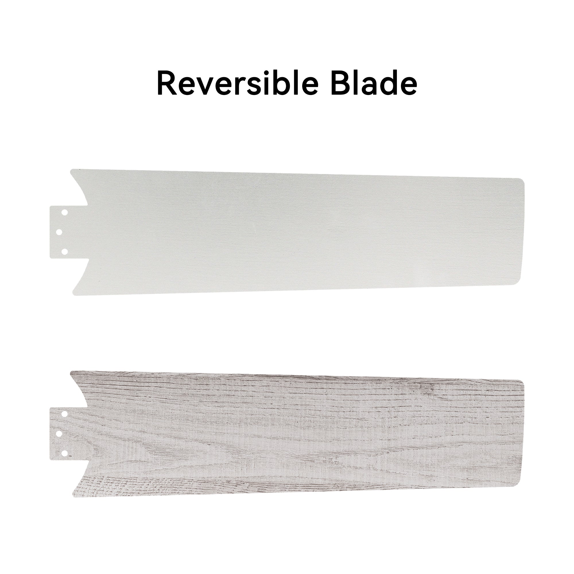 White modern ceiling fan with 2 reversible blades, such as white and light-color wood pattern.