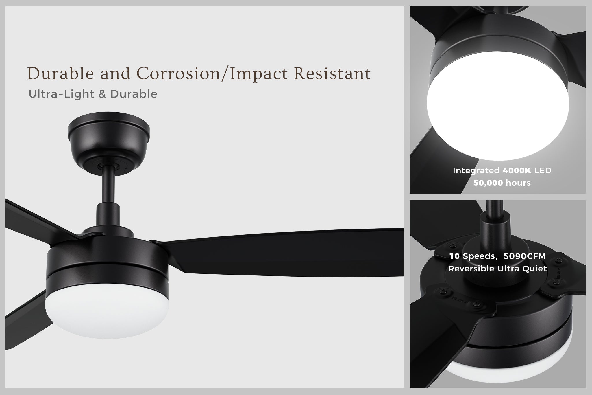 Sahar 52-inch DC ceiling fan with integrated 4000K LED light and durable 3-blade design for high performance. Comes with 10-speed remote control, this modern black ceiling fan delivers 5090 CFM airlflow for year-around comfort.