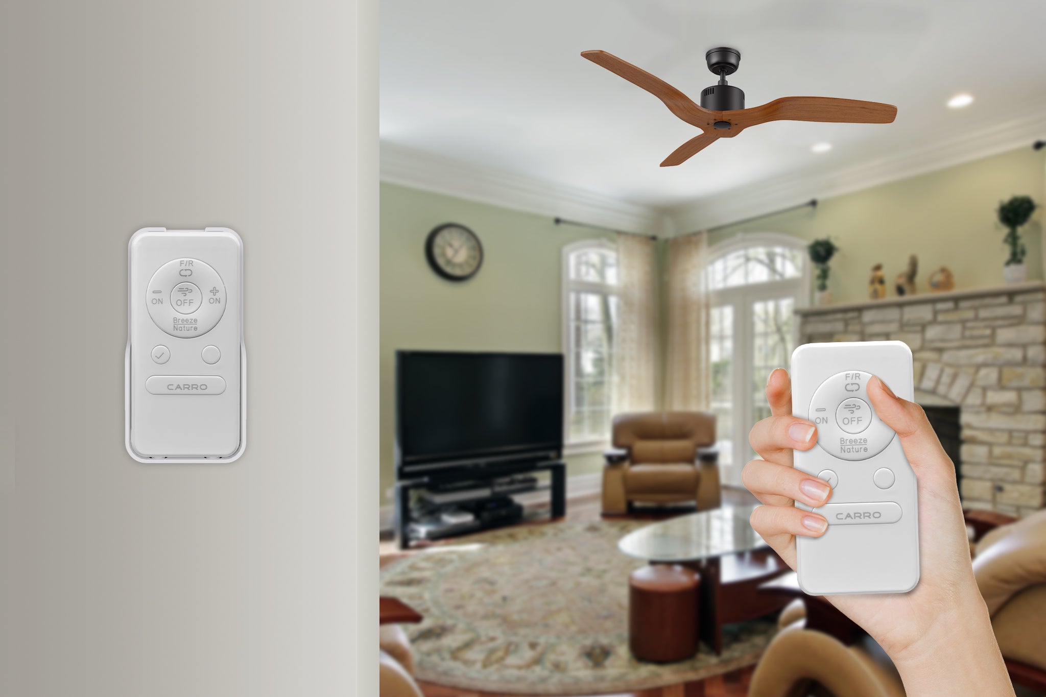 52-inch Yarmouth black ceiling fan in a farmhouse-style living room, paired with a 10-speed remote control featuring summer and winter modes. The ceiling fan boasts wooden blades and a sleek black finish.