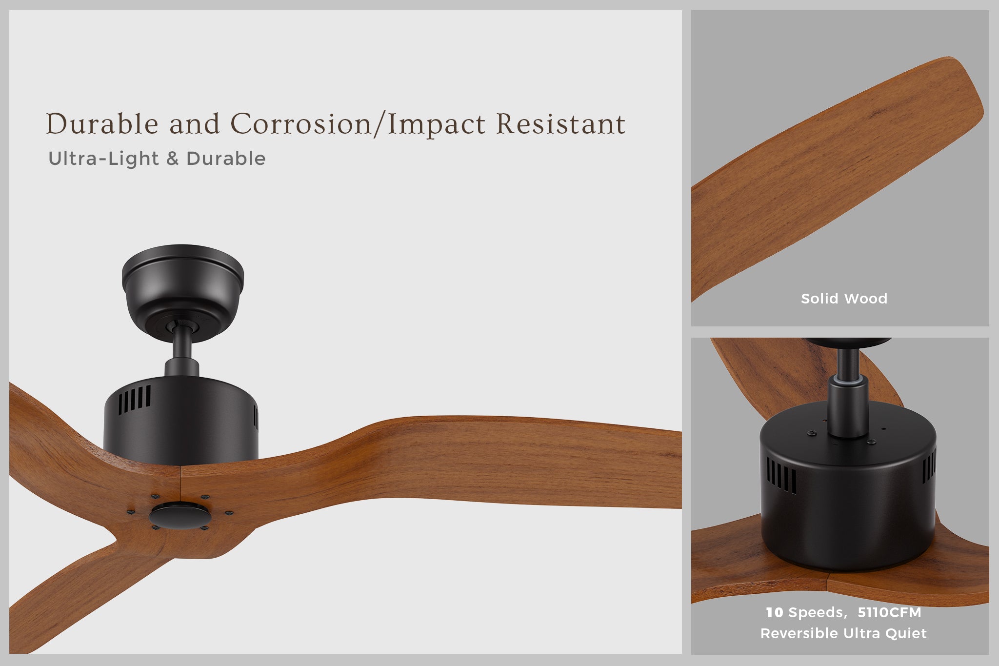 Close-up of the Yarmouth 52-inch wood ceiling fan with a durable DC motor and lightweight wooden blades, emphasizing its corrosion and impact resistance.