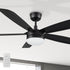 Close-up of a 52-inch black ceiling fan with an LED light and remote control from the Rivers Smafan Carro serise, highlighting the fan&