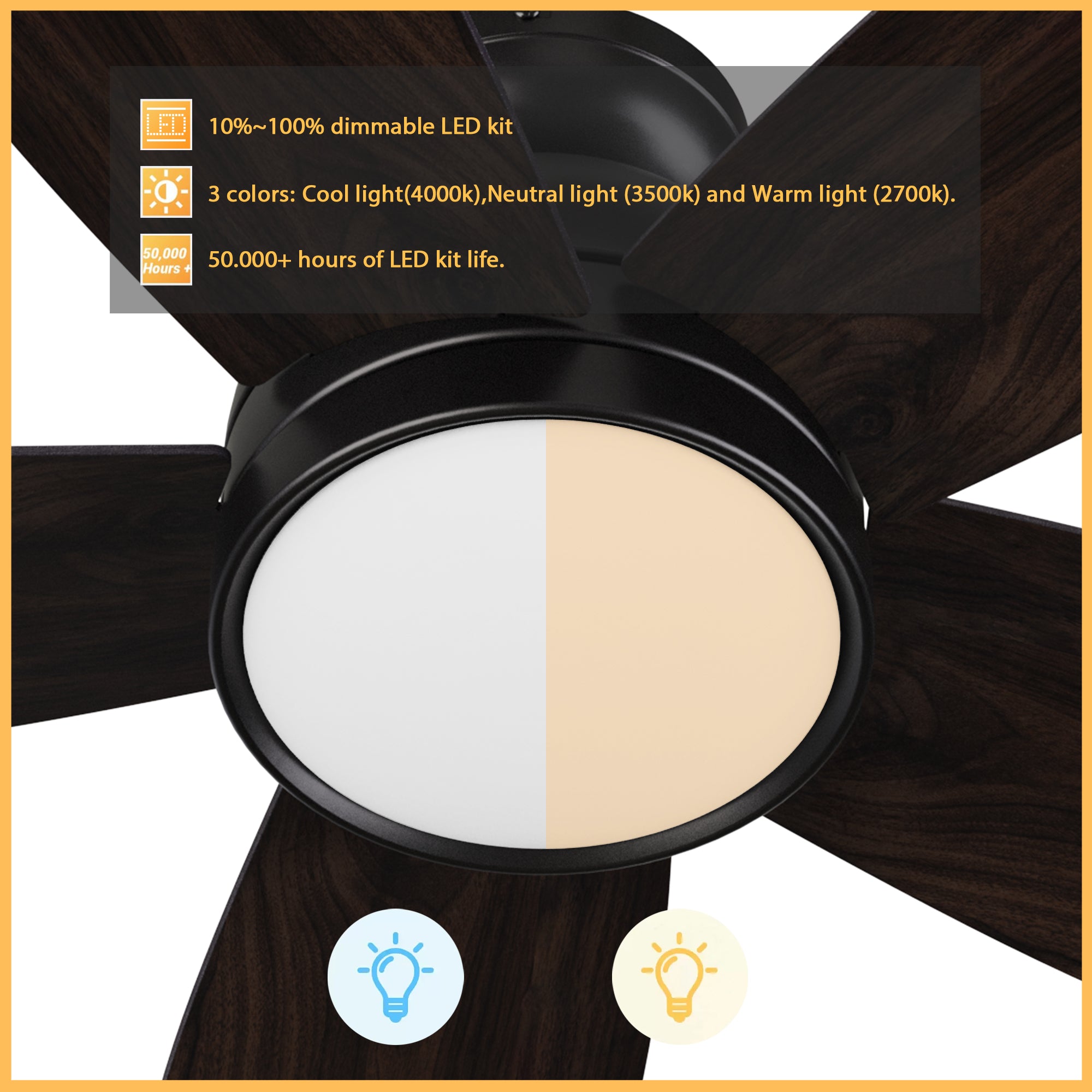 Includes integrated LED light kit with warm light and cool light, it offers lower energy consumption and a longer life span