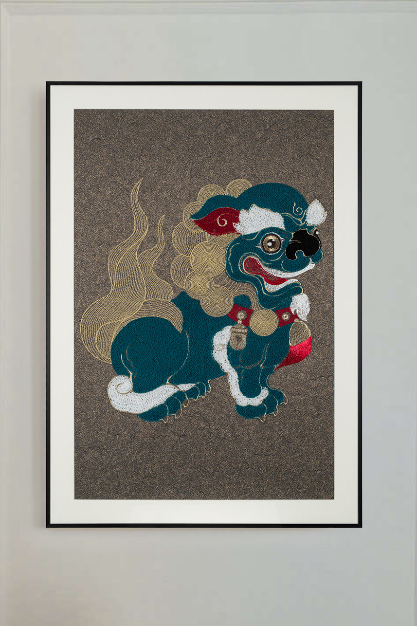 Embroidery artwork featuring a lion ball play design with the lion facing left, displayed in a room scene.