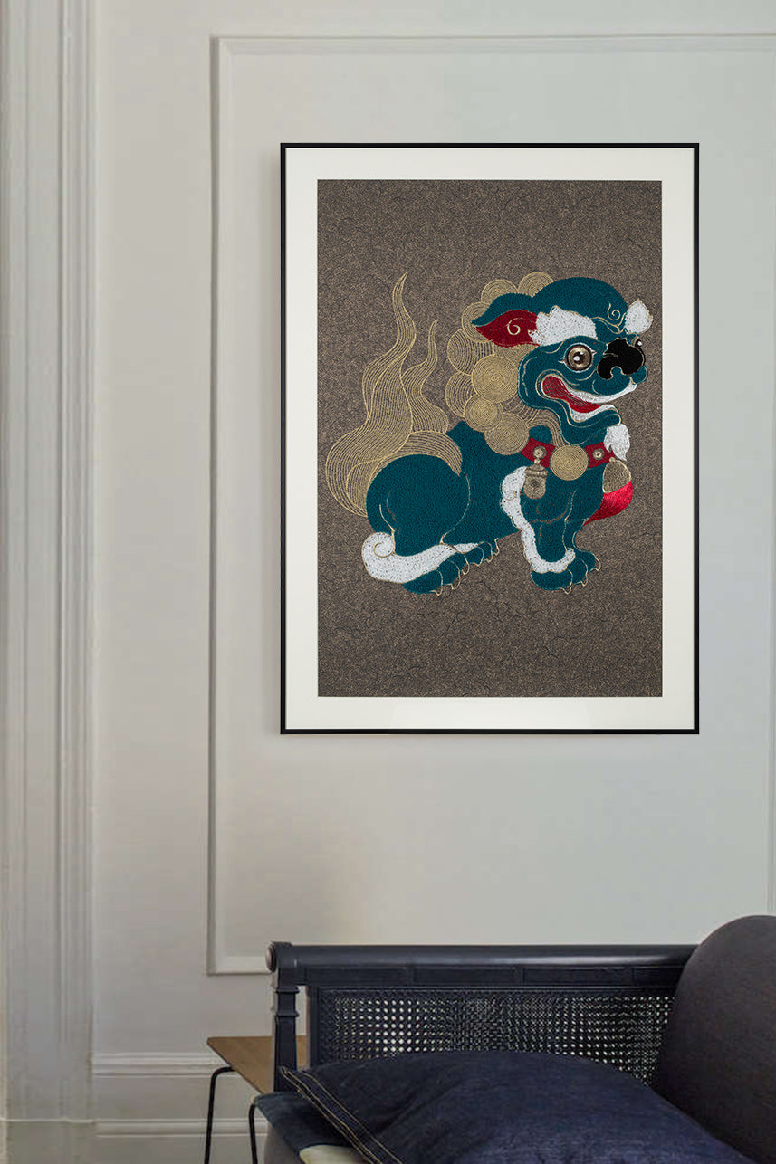 Embroidery artwork featuring a lion ball play design with the lion facing left, displayed in a room scene.
