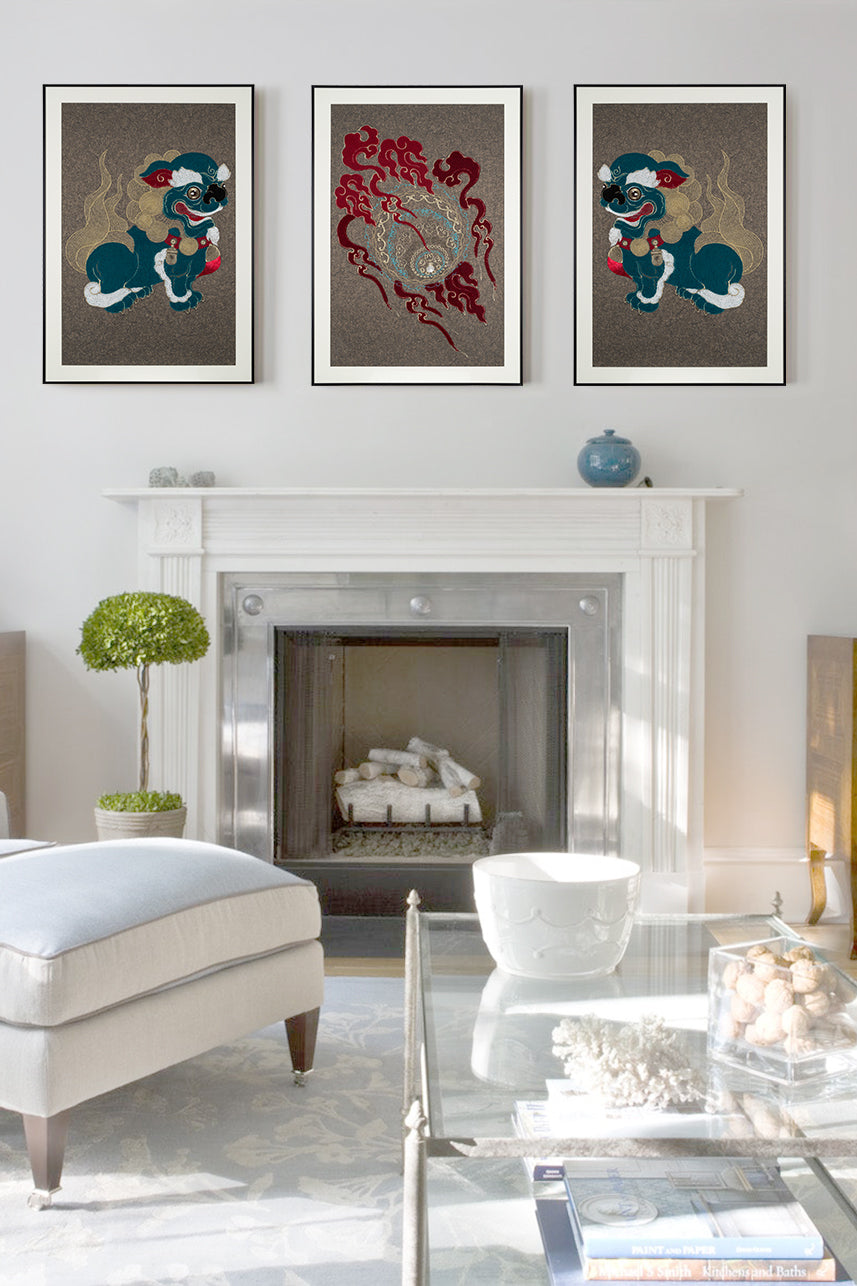 Embroidery artwork featuring a lion ball play design displayed over a fireplace.