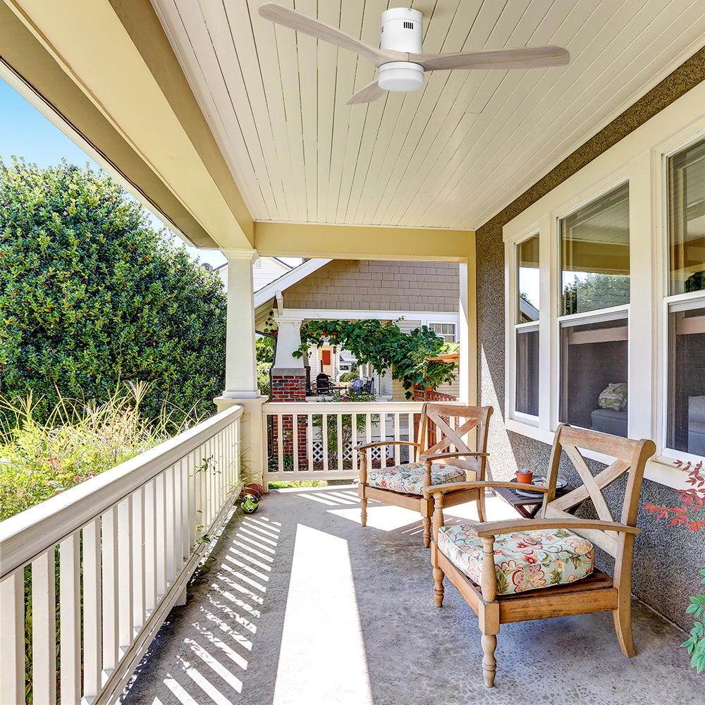 Elevate your outdoor living area with this damp-rated outdoor ceiling fan in light-wood with modern design and whisper-quiet airflow.