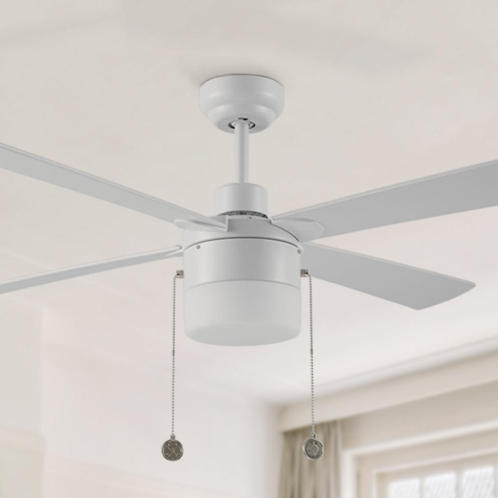 52 inch white indoor ceiling fan with LED light and pull chain, featuring with quiet DC motor in bedroom.