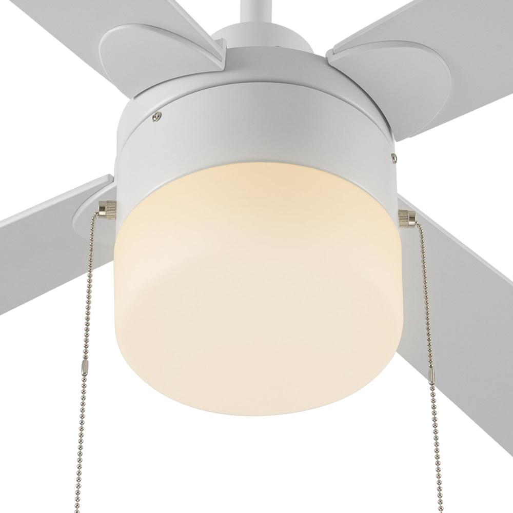 Closed-up of 52-inch white ceiling fan with light and pull chain.