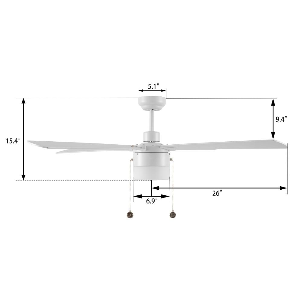 Dimension figure of 52 inch white ceiling fan with light.