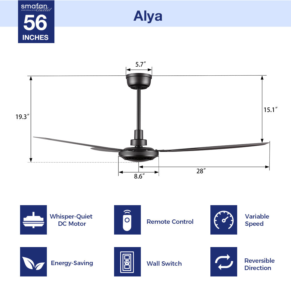 Alya black ceiling fan without light, 56-inch model featuring 3 blades and a DC motor. Installed with a downrod, ideal for an industrial-style decor.