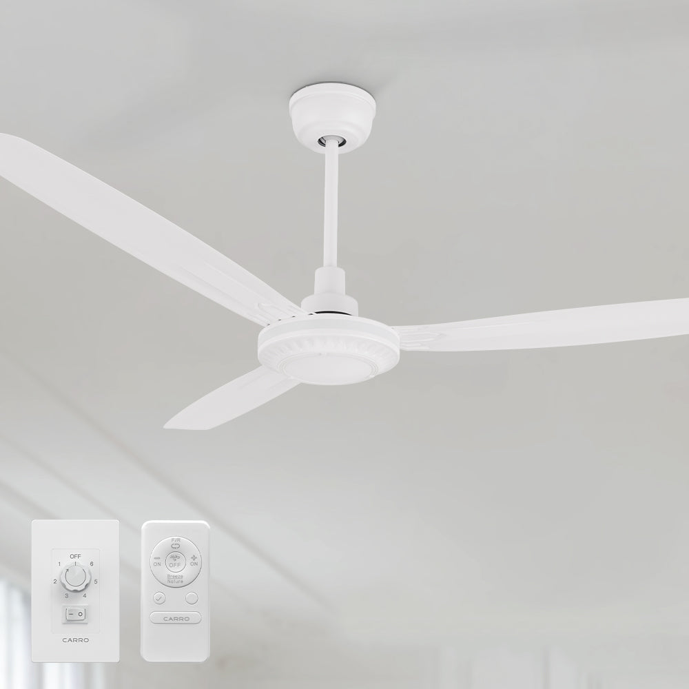 Alya 56-inch industrial-style white ceiling fan with remote and wall switch, DC motor, and 3 blades for powerful air circulation.