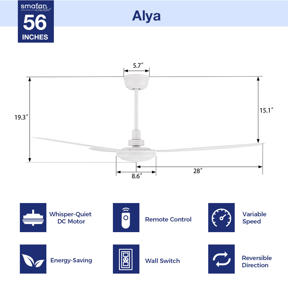 Alya white ceiling fan without light, 56-inch model with 3 blades, DC motor, and downrod mount. Complements industrial and modern interiors.