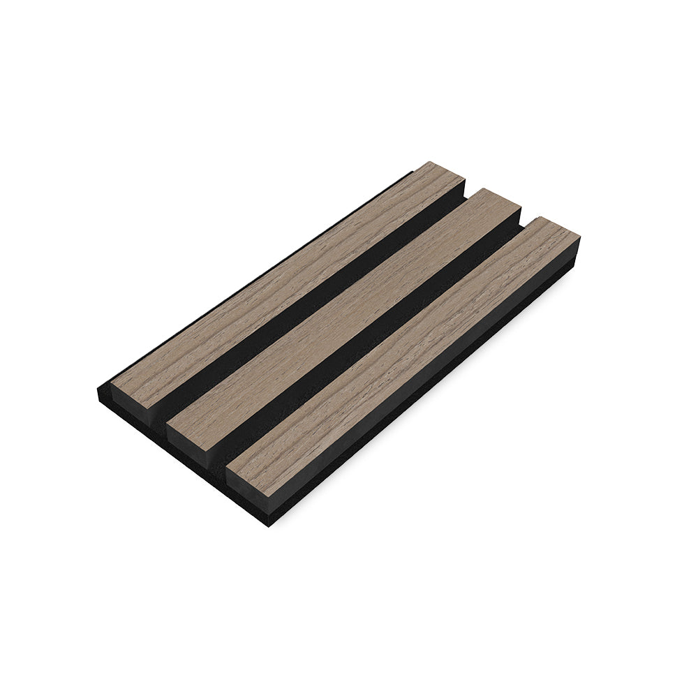 Sample piece of the American natural walnut acoustic slat wood panel with black felt, highlighting its texture, wood grain, and precise slat spacing.