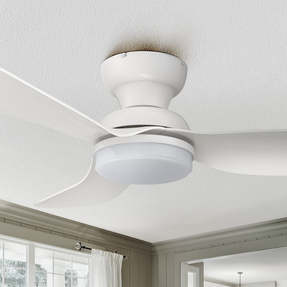 45 inch White low profile ceiling fan with dimmable LED light and remote.