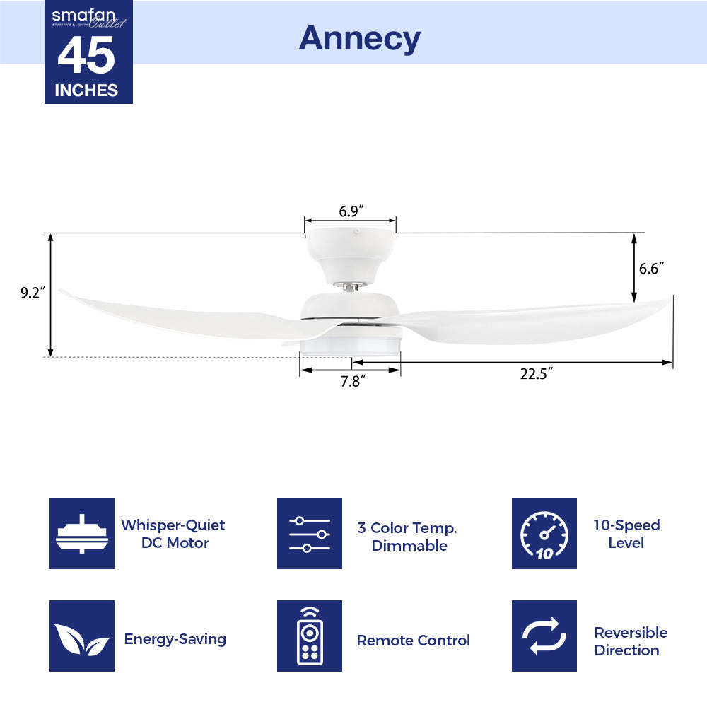 Enhance your space with a 45-inch low-profile white ceiling fan. Enjoy the convenience of a remote-controlled 10-speed adjustable DC motor, 3-color temperature dimmable light, and efficient 4400 CFM airflow. Experience whisper-quiet cooling with energy-efficient elegance.