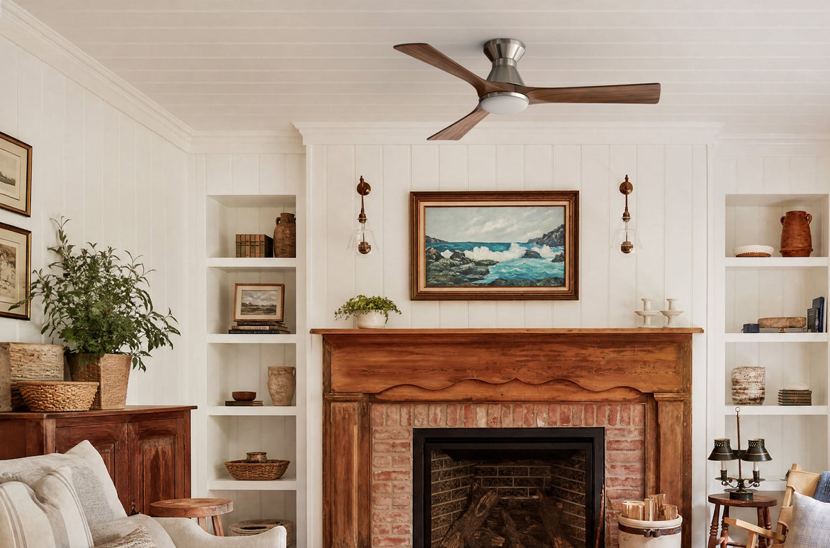 Smafan wood ceiling fan with light installed above rustic brick fireplace in cozy living room.