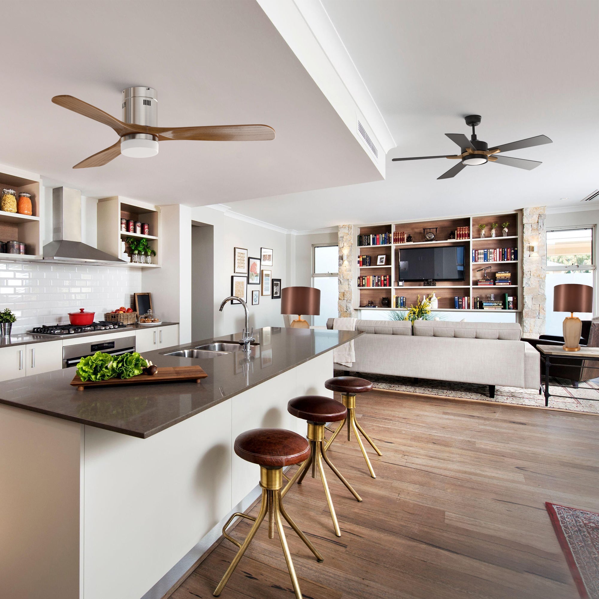 Apex black downrod mounting ceiling fan with LED light & Alfa silver low profile ceiling fan & table lamp & gas cooktop shop the look.