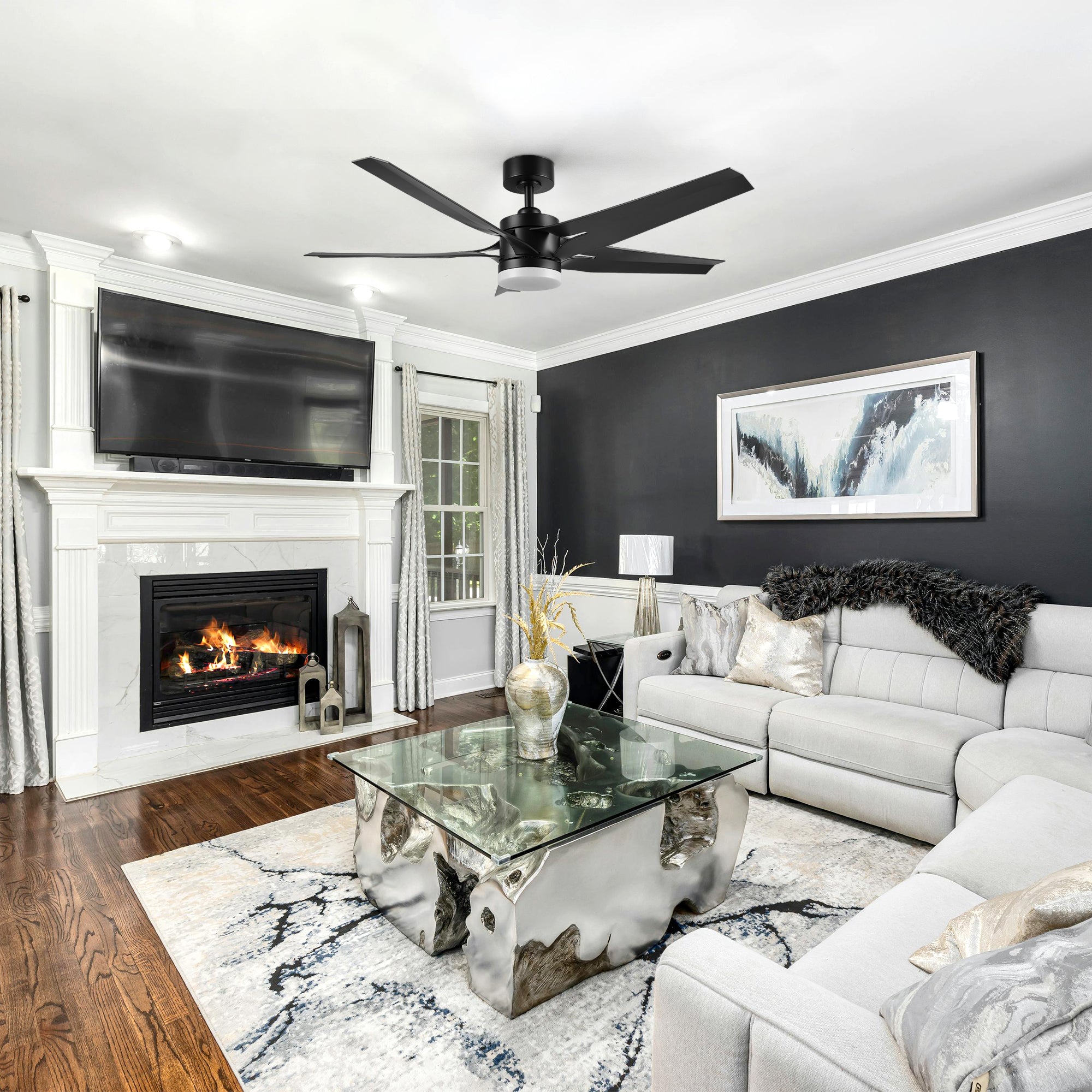 Araceli 52-inch DC ceiling fan with LED light and remote installed in a modern living room, offering both functionality and aesthetic appeal.