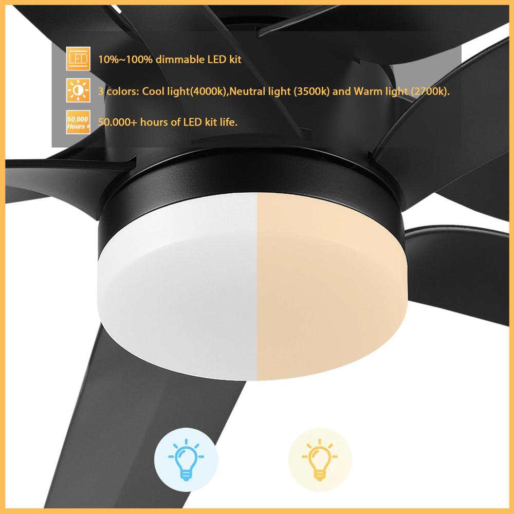 Araceli 52-inch modern ceiling fan with an integrated 4000K LED light kit, showcasing its sleek design and dimmable lighting warm to cool options.