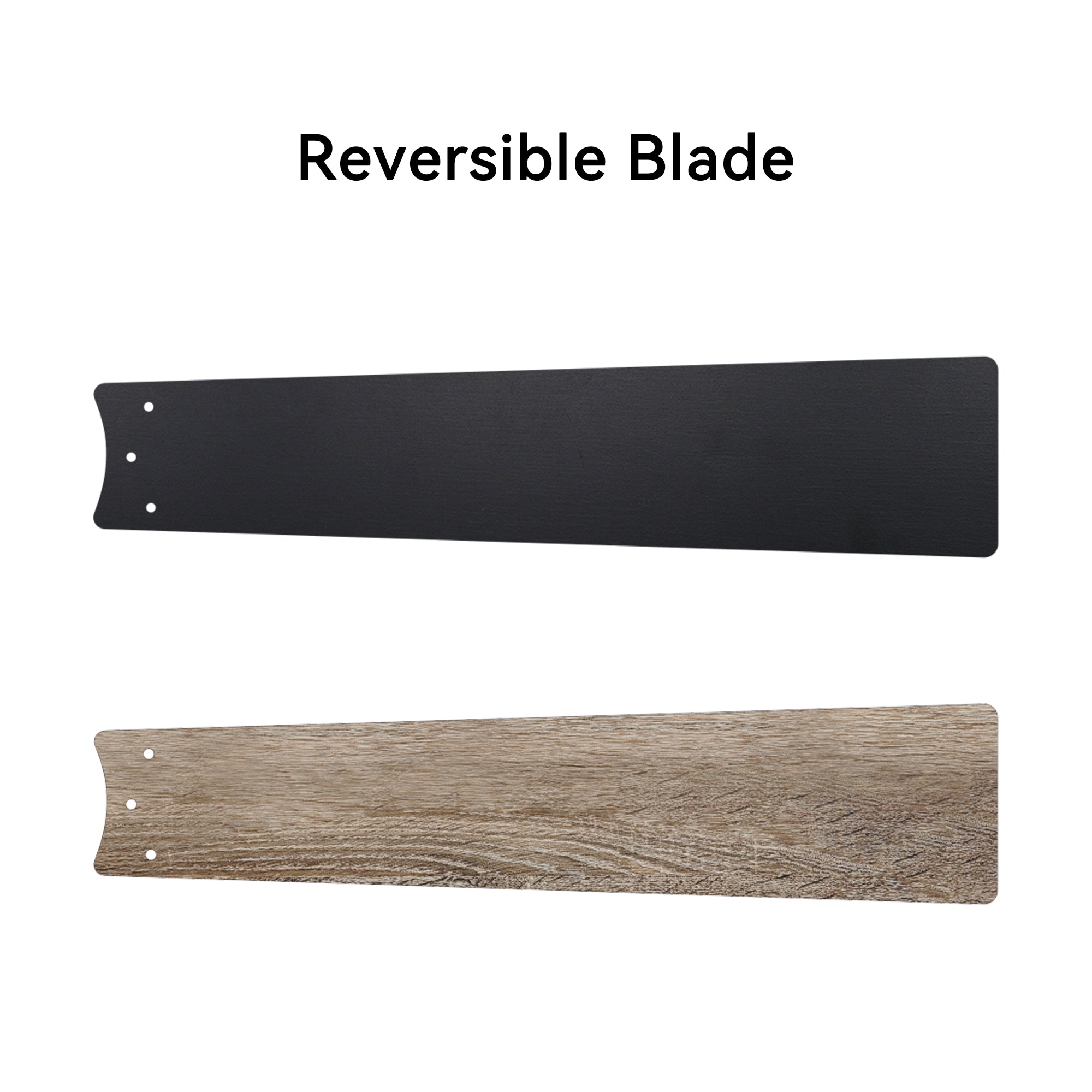 Reversible blade options for the Aspen II smart ceiling fan, showcasing black and wood finishes for versatile styling.