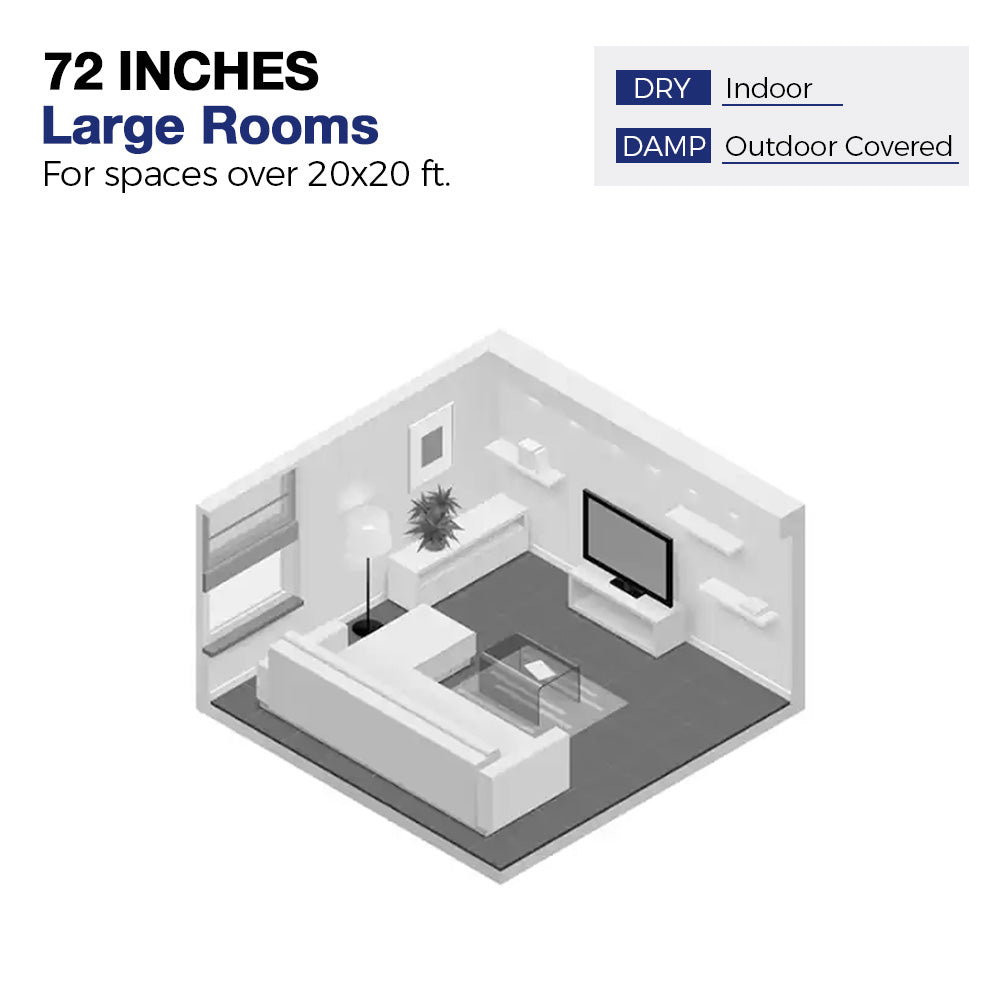 Diagram of a 70-inch ceiling fan suitable for great rooms measuring over 20x20 feet, indicating usage in both indoor dry spaces and outdoor covered damp areas. The image showcases a stylized room layout with furniture, highlighting the fan&