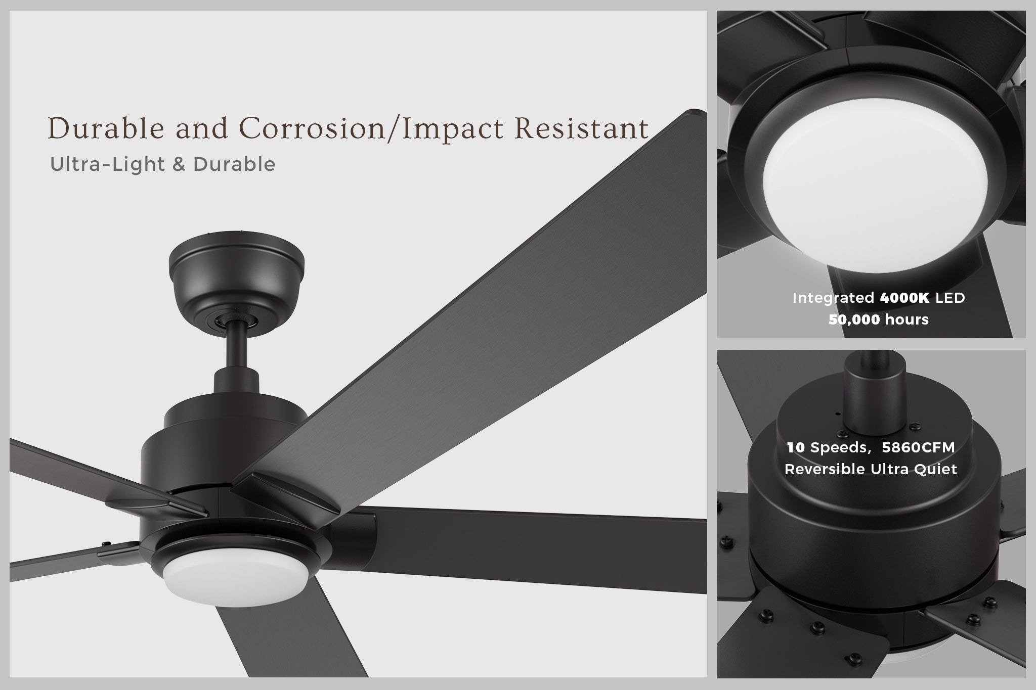 Close-up of the Aspen Smart Ceiling Fan with LED Light Remote, 70 inch, highlighting its durable and corrosion/impact resistant ultra-light and durable design, featuring a DC motor.