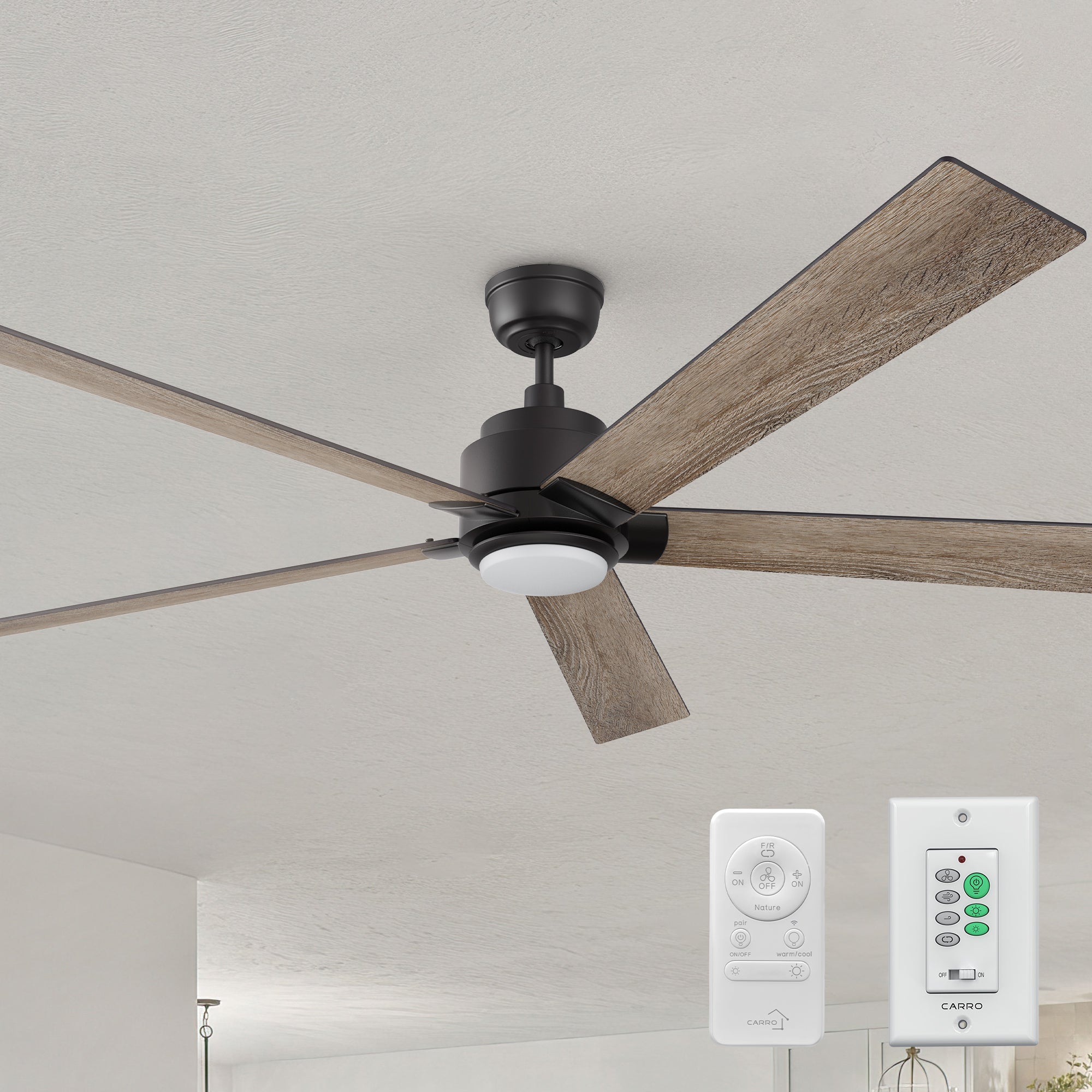 Close-up of the Aspen 70-inch smart ceiling fan with remote and wall switch, featuring a sleek black design and energy-efficient LED lighting.