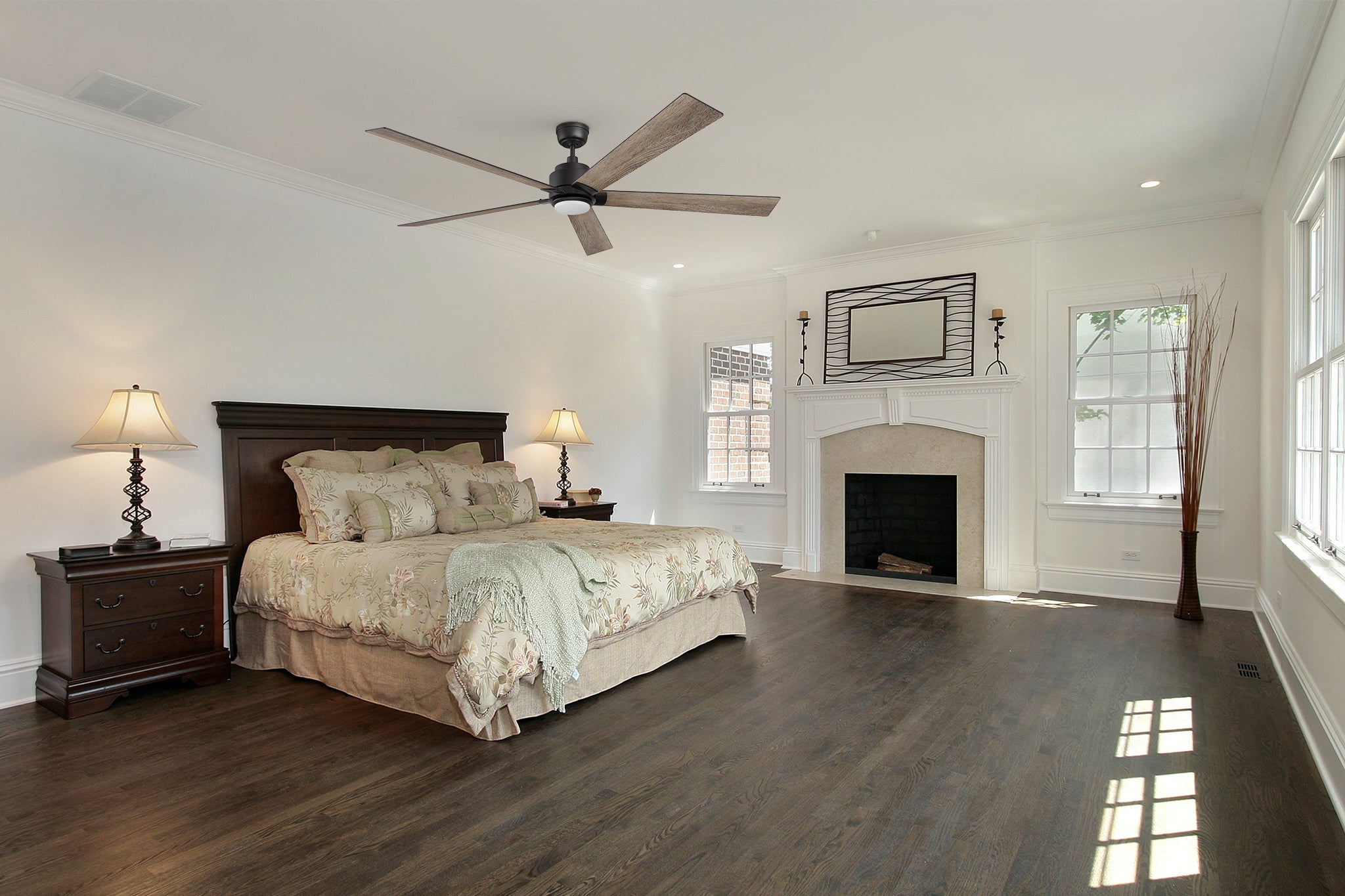 Aspen Smart Ceiling Fan with LED Light Remote, 70 inch, installed in a large bedroom, featuring a cozy and elegant setup.