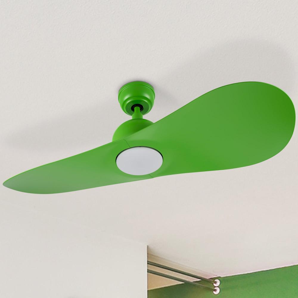 Azure modern smart ceiling fan with LED light and remote control, shown in a unique and vibrant green living room design.
