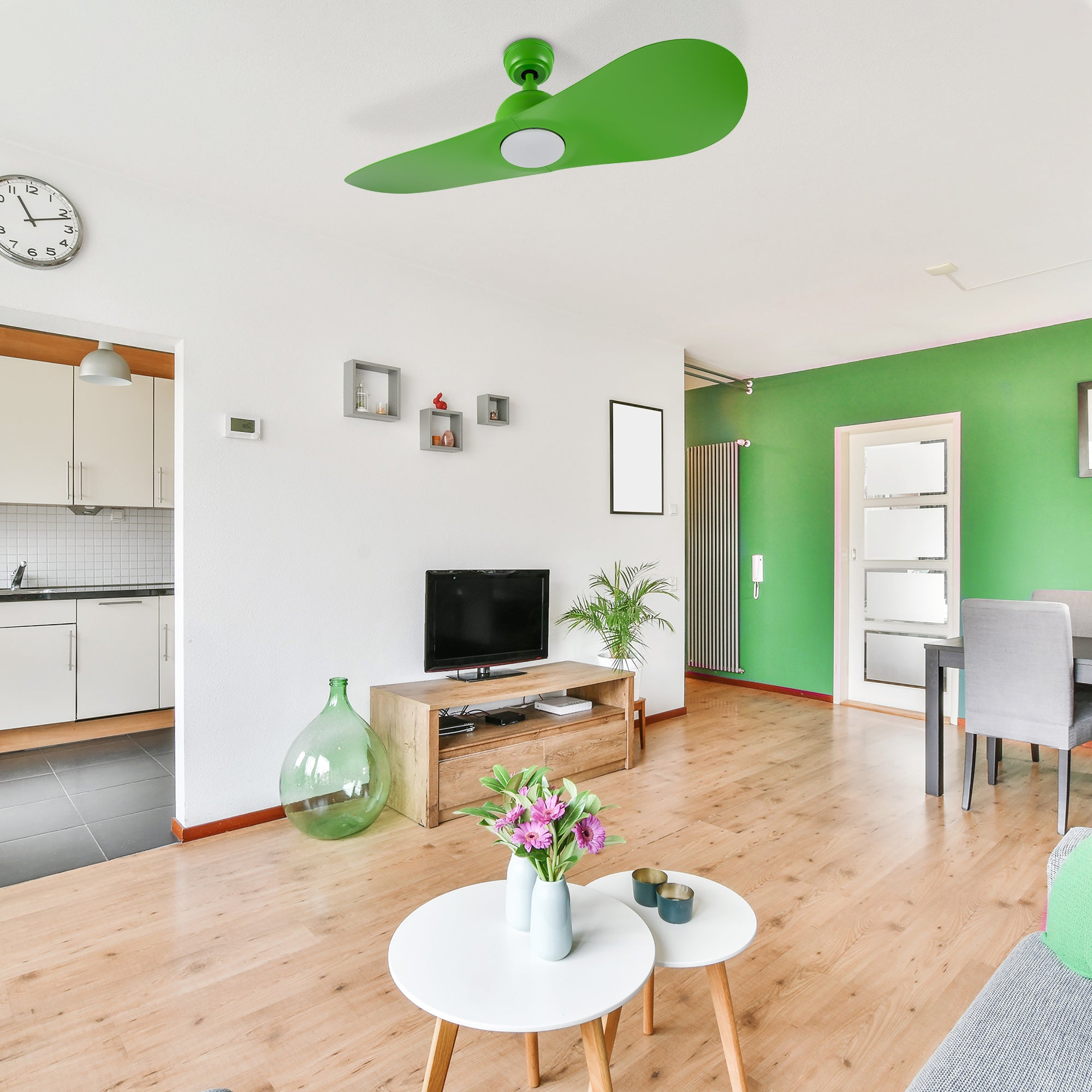Azure modern smart ceiling fan with LED light and remote control, shown in a unique and vibrant green living room design.