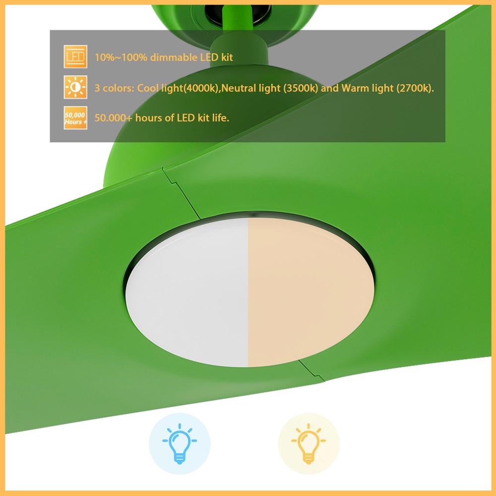 Azure modern smart ceiling fan with dimmable LED light and remote, featuring a vibrant green finish and smart control options.