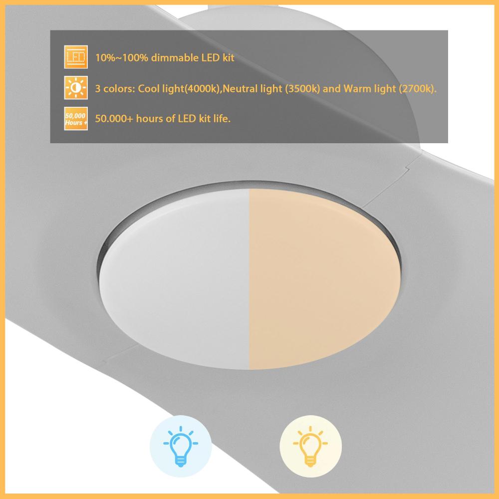 The 42-inch, two-blade white ceiling fan features an integrated 4000K LED light with options for warm and cool light, and is energy-efficient.