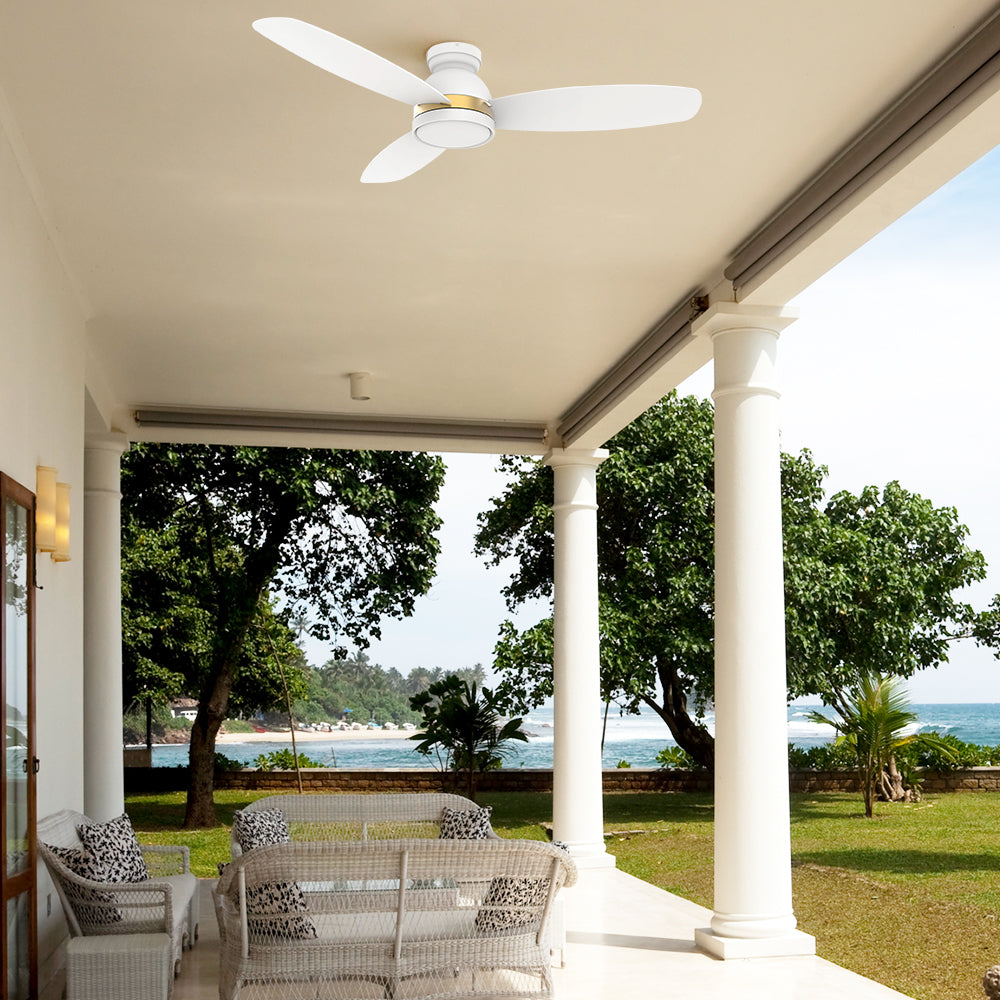 This versatile and damp-rated 52" outdoor ceiling fan in white with dimmable light is perfect for a wide range of outdoor areas, from patios to porches.