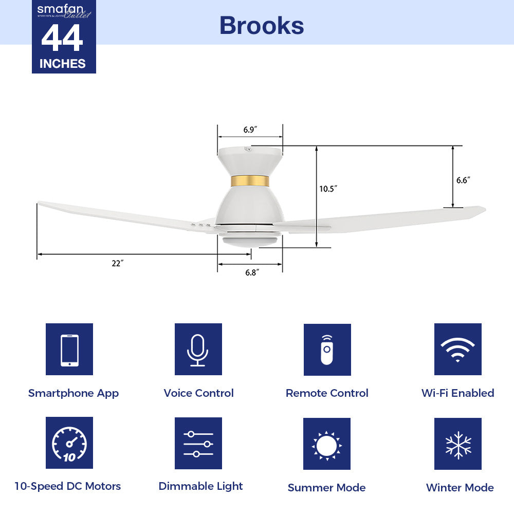 A sleek and modern 44-inch flush mount ceiling fan in a white finish with gold accents. The Brooks smart ceiling fan features three aerodynamic blades, an integrated dimmable LED light, and a 10-speed DC motor. It supports remote control, voice control, Wi-Fi app compatibility, and seasonal modes for summer and winter use. Ideal for contemporary indoor spaces.