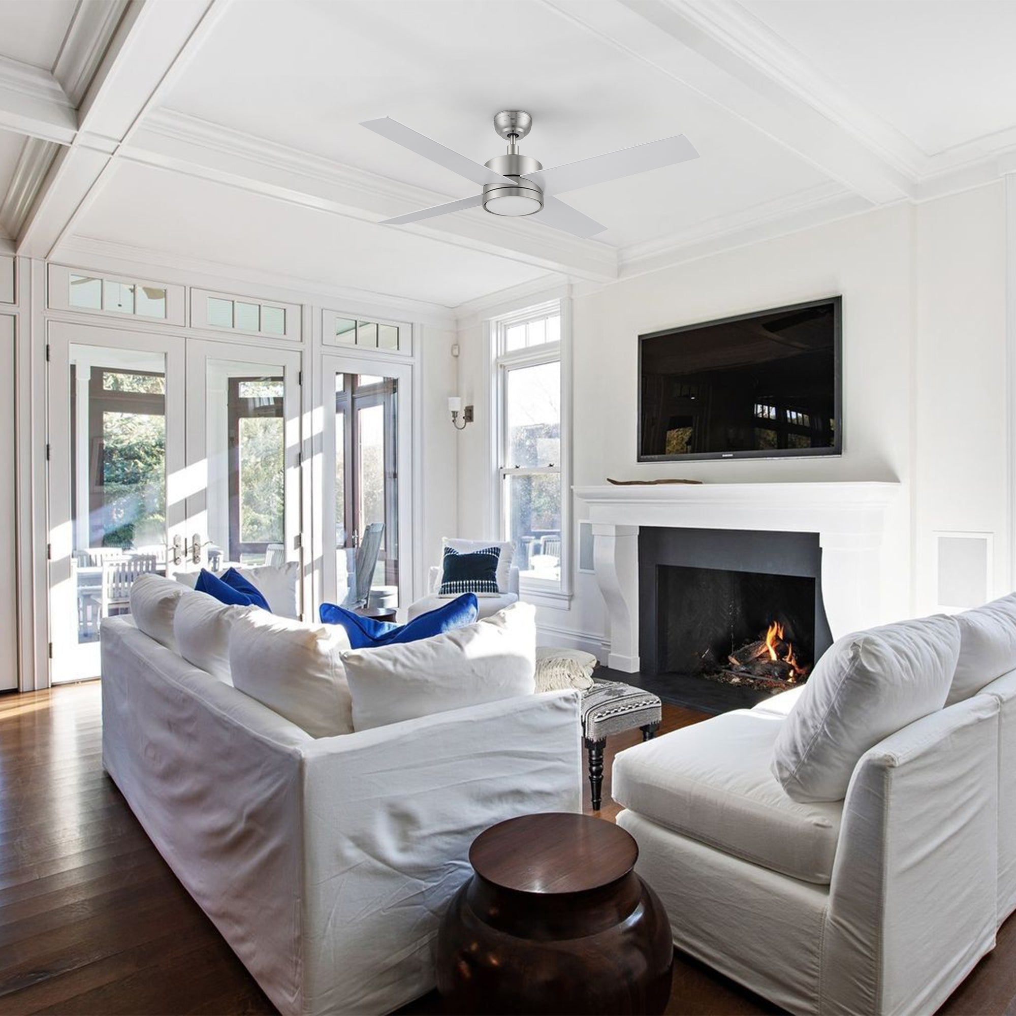 Smafan Rossendale 52-inch brushed nickel ceiling fan in silver with LED light installed in a coastal-style living room featuring white sofas and natural light.