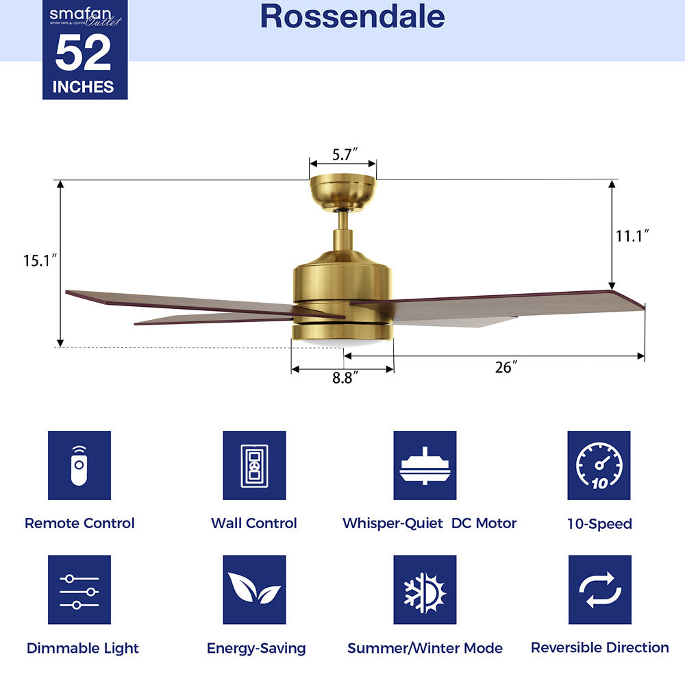 Carro Smafan Rossendale 52-inch gold ceiling fan with dimmable LED light, featuring a DC motor (whisper-quiet operation), 10-speed settings, remote/wall control, and reversible blades for summer/winter modes. Dimensions: 15.1″ height, 26″ blade span.