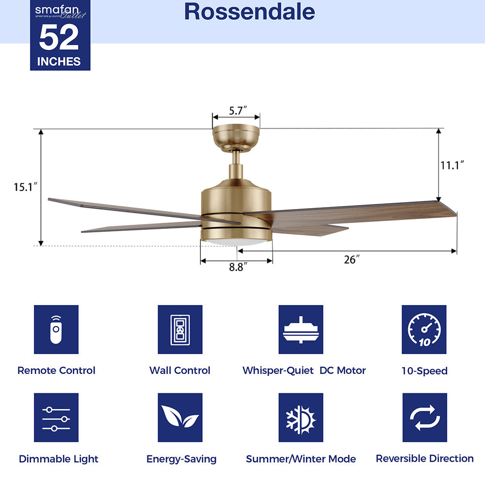 Carro Smafan Rossendale 52-inch gold ceiling fan with dimmable LED light, featuring a DC motor (whisper-quiet operation), 10-speed settings, remote/wall control, and reversible blades for summer/winter modes. Dimensions: 15.1″ height, 26″ blade span.